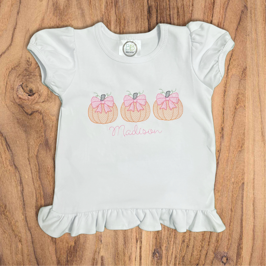 Customizable Short Sleeve Ruffle Tee with Pumpkin and Bows